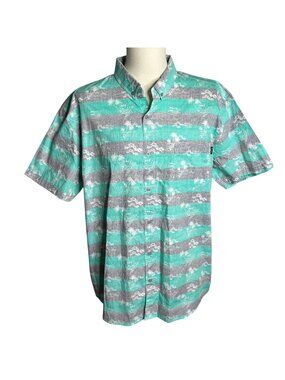 Molokai Surf Button Down Hawaiian Shirt XXL Teal Blue Grey Camp Stripes Pocket